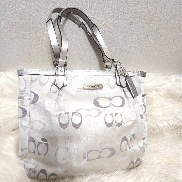 Authentic COACH bag. Large white and silver monogram top handle satchel bag. - Picture 1 of 5